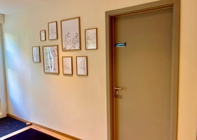 photo de notre centre de physiotherapie avec des cadres et une porte grise